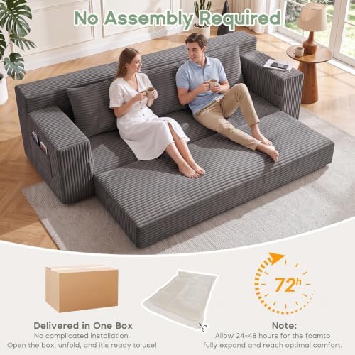 Boneless Couch for Living Room, 3 Seater Convertible Sofa Bed in Box, Grey