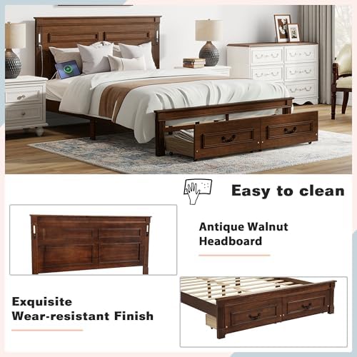 Queen Size Bed Frame with 2 Storage Drawers & Tall-Panel Headboard