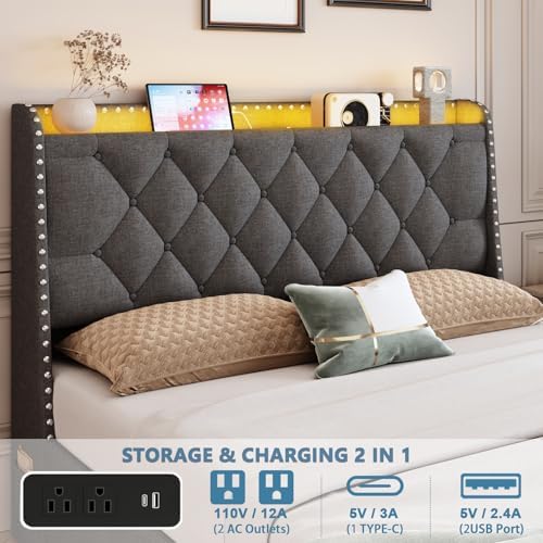 TIGUBFRE Queen Size Bed Frame with 4 Drawers and Storage Headboard, Upholstered Wingback Bed Frame with LED Lights and Charging Station, No Box Spring Needed, Easy Assembly, Noise Free, Gray