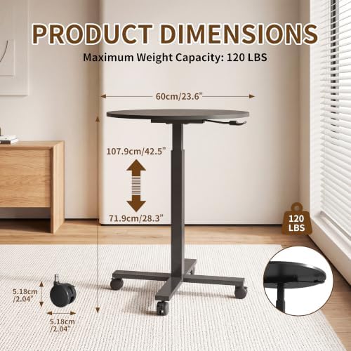 Adjustable Bar Table, 23.6" Round with Gas Spring Height Adjustment (28.3"-42.5"), Rolling Cocktail Table with Lockable Casters, Modern Bistro Table for Kitchen, Home Bar & Small Spaces