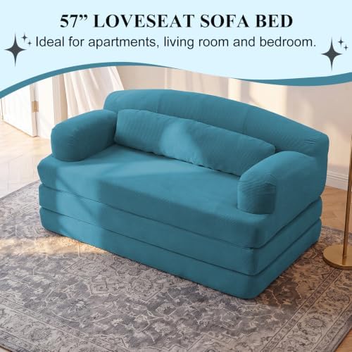 57” Convertible Sleeper Sofa Bed, Boneless Couch, Azure