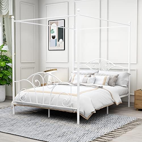 Queen Size Four-Poster Metal Canopy Bed Frame,White