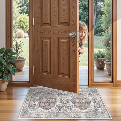 2x4 Washable Kitchen Runner Rug: Vintage Non-Slip Low Pile Entryway Area Rugs Thin Light Weight Carpet for Nursery Bedroom Soft Water Resisitant Floor Mat for Bathroom Laudry Room(2x4,Brick)
