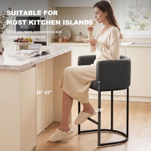 26" H Counter Height Bar Stools Set of 1, Modern Barrel Counter Stools with Backrest and Arms, Linen Fabric Upholstered Accent Barstools for Kitchen Island,Support 450 LBS (Carbon Black)