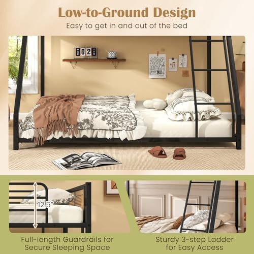 Giantex Twin Over Full Metal Bunk Bed, Boho Rattan Floor Bunkbeds with Ladder & Full-length Guardrails, Heavy Duty Metal Slats Support Bed Frame for Teens, Adults, Guests, No Box Spring Needed (Black)