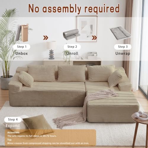 Korser 110" L-Shaped Modular Sectional Sofa with Chaise, Boneless Comfy Corduroy Fluffy Couch with Deep Seat and Side Pockets, Flexible Module Combination for Living Room, No Assembly, Side Pockets
