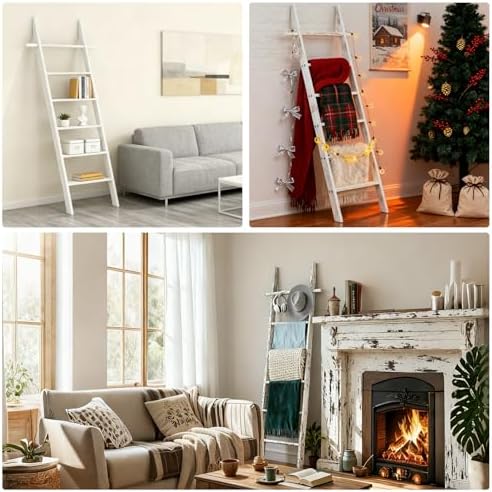 Farmhouse Wooden Blanket Ladder Living Room White 6-Tier
