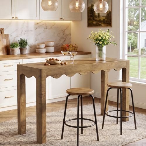 Tribesigns 59" Bar Table, Farmhouse Counter Height Pub Table, Rectangle High Top Dining Table with Wavy Apron, Home Bar Units for Bistro, Kitchen, Balcony,Dining Room, Living Room (Rustic Brown)