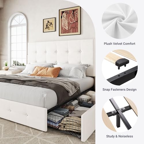 Allewie Full Size Storage Bed Frame with 4 Underbed Drawers, Upholstered Platform Bed with Adjustable Headboard, Square Button Tufted, Easy Assembly, Noise-Free, No Box Spring Needed, Soft White