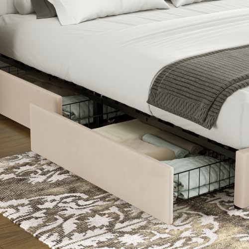 VECELO Queen Size Upholstered Bed Frame with 4 Drawers and Headboard, Velvet Platform Storage Bedframe, Wooden Slats Support, No Box Spring Needed, Beige
