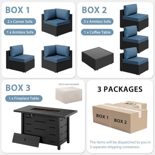 Shintenchi 8 Piece Outdoor Patio Furniture Set with 43 Inch Propane Fire Pit, Washable Cushions, Glass Coffee Table, Waterproof Cover & CSA Certified for Backyard Poolside, Black PE Rattan/Navy Blue
