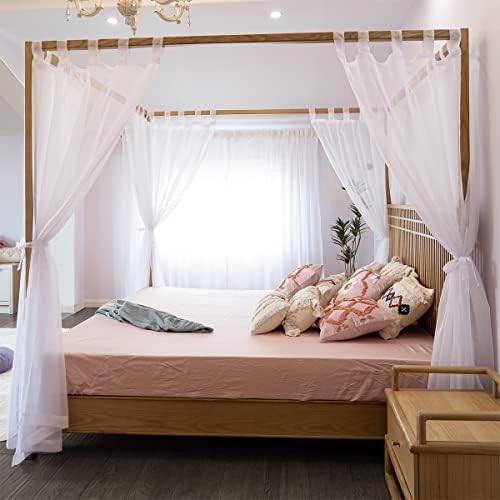 Linentalks Sheer Canopy Bed Curtains for King, Queen, Full and Twin Bed, 4 Corner Bed Canopies & Drapes, Four Poster Bed Canopy Curtains Beds, Sheer Curtains for Canopy Bed Drapes, White