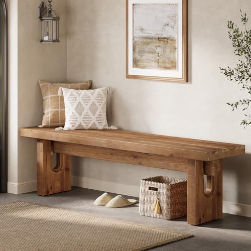 63" Solid Wood Bench, Extra Long Farmhouse Dining Bench for Kitchen Table, Rustic Wooden Entryway Bench, End of Bed Indoor Seating, Natural Brown