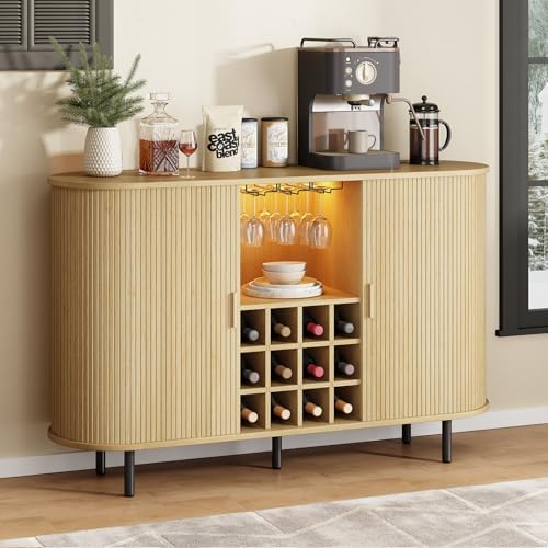 ONBRILL 55" Fluted Wine Bar Cabinet with LED Light Oak