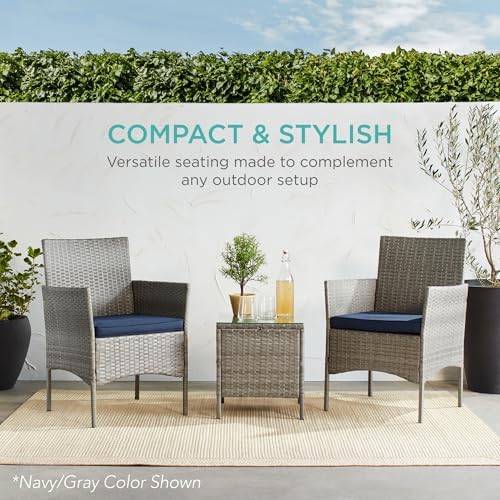 Best Choice Products 3-Piece Outdoor Wicker Conversation Bistro Set, Space Saving Patio Furniture for Garden w/Side Table - Gray/Pastel Blue