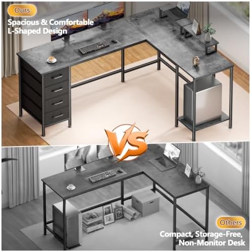 Korfile 66" L Shaped Computer Desk, 94.4'' Home Office Desk with Power Outlets, 4 Adjustable Storage Drawers & 2 Monitor Stands, Large Two Person Gaming Table for Writing Study, Grey
