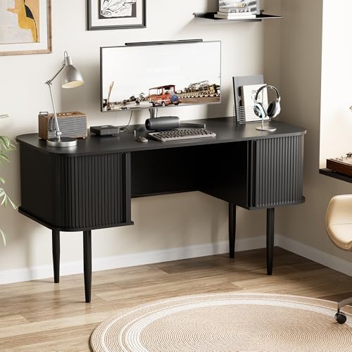 Furniway 55" Modern Writing Desk, Wood Home Office Desk, Black