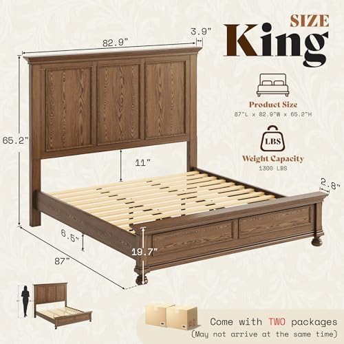 AMERLIFE Solid Wood King Bed Frame with 65.2" High Headboard