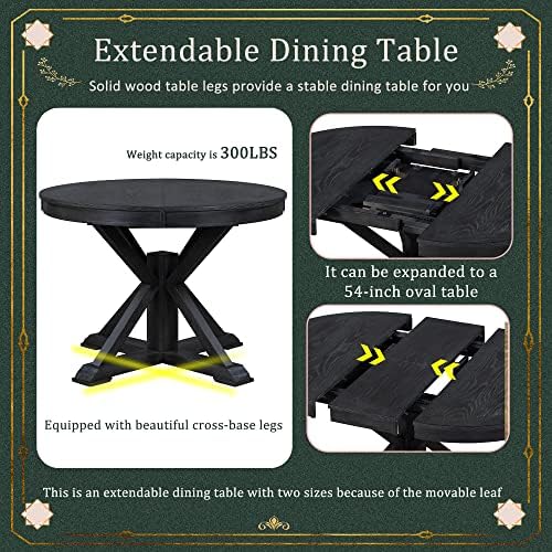 LUMISOL Round Dining Table Set for 4, Farmhouse Extendable Kitchen Table Set with 4 Upholstered Chairs for Kitchen, Dining Room, Living Room, Espresso+Dark Beige