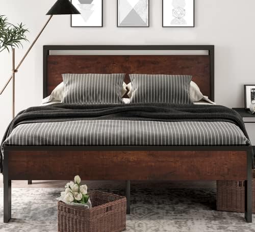 SHA CERLIN 14 Inch King Size Metal Platform Bed Frame with Wooden Headboard and Footboard, Mattress Foundation, No Box Spring Needed, Large Under Bed Storage, Mahogany