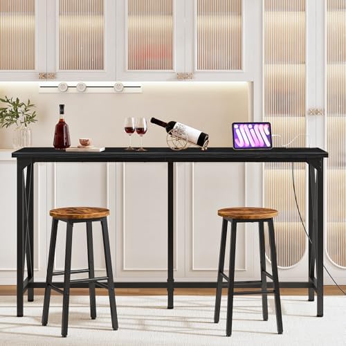 CHOEZON 63'' Bar Table, Kitchen Dining Table with Power Outlet and Footrest, Industrial Style, for Pub, Living Room, Black TBT07UBB
