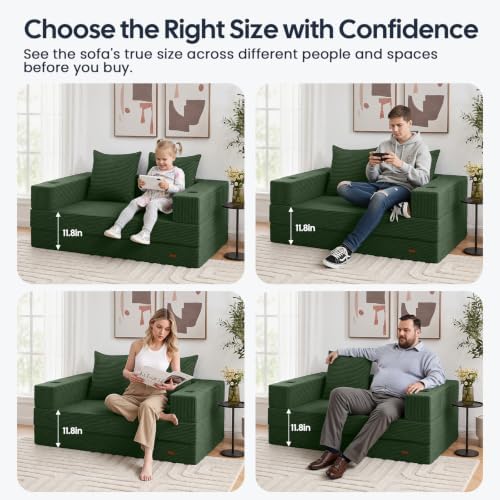 COMAX Boneless Futon Sofa Bed, 59" Small Low-Profile Floor Couch, Green