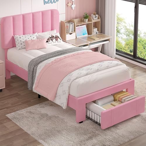 VECELO Twin Size Upholstered Bed Frame with Drawer and Headboard, Velvet Platform Storage Bedframe, Wooden Slats Support, No Box Spring Needed,Pink
