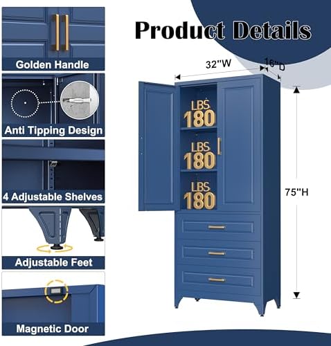 SteeLoong 75" Metal Storage Cabinet with Doors and 2 Adjustable Shelves | Kitchen Pantry Cabinet with 3 Drawers,Blue Kitchen Cabinet with 2 Gold Handles,Food Cupboard for Livingroom,Pantry, Bathroom