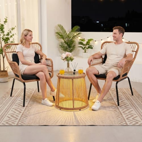 3 Piece Outdoor Wicker Furniture Bistro Set, Rattan Chairs Conversation Sets with Solar Light, Wicker Patio Furniture for Balcony Poolside Backyard, Black