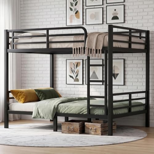 Full Over Full Bunk Beds, Heavy Duty Metal Full Size Bunk Bed for Teens and Adults, Noise-Free Design Bunkbeds with Ladder, Guardrail for Bedroom, Dorms and Apartment, No Box Spring Required, Black