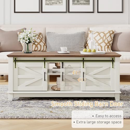 LUXOAK Farmhouse Table Set of 3, Coffee Table with Sliding Barn Doors, End Tables Set of 2 with Charging Station for Living Room & Bedroom, Sliding Barn Doors, 2 Tiers Storage Drawer, Antique White