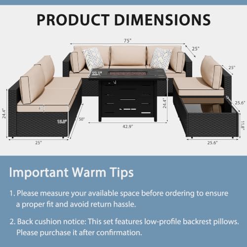 Shintenchi 8 Piece Outdoor Patio Furniture Set with 43 Inch Propane Fire Pit, Washable Cushions, Glass Coffee Table, Waterproof Cover & CSA Certified for Backyard Poolside, Black PE Rattan/Khaki