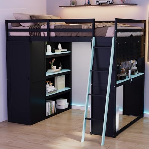 Merax Full Size Loft Bed with Desk and 6 Storage Shelves, Wardrobe, Blackout Curtain, Solid Wood Gaming Loft Bed Frame with USB Port & RGB Lights, No Box Spring Needed, Space-Saving, Black+Blue