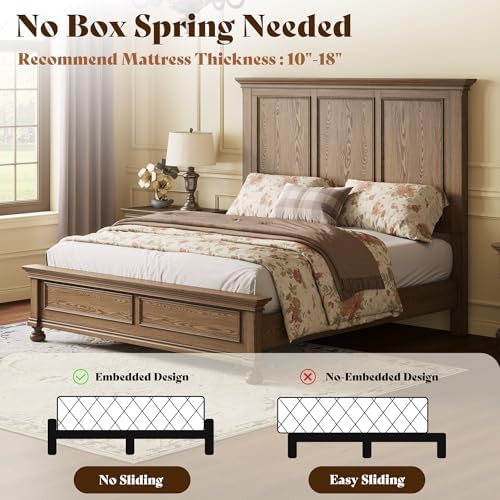 AMERLIFE Solid Wood Queen Bed Frame with 65.2" High Headboard