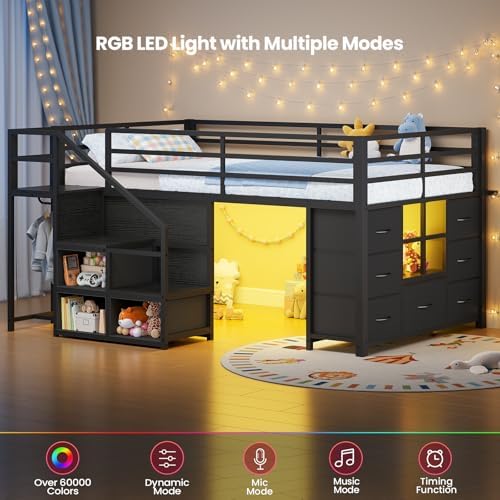 BTHFST Low Loft Bed Twin Size with Stairs,LED Lights,7 Large Drawers, Black