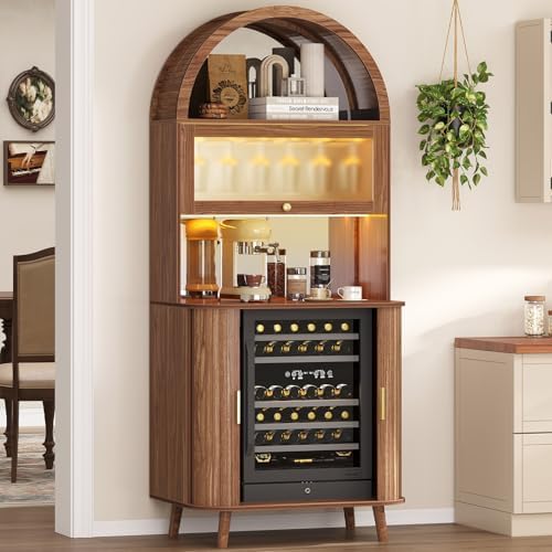 LVB Wine Fridge Cabinet, Arched Bar Cabinet with LED Light, Walnut, 73 Inch