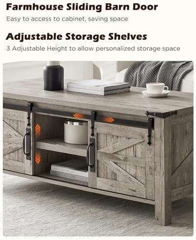OKD 48" Farmhouse Lift Top Coffee Table Sliding Barn Door, Light Rustic Oak