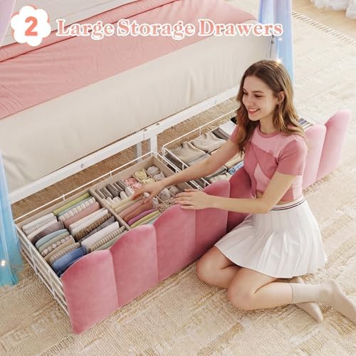 Homkdom Queen Size Canopy Bed Frame with 2 Drawers and LED & Charging,Pink