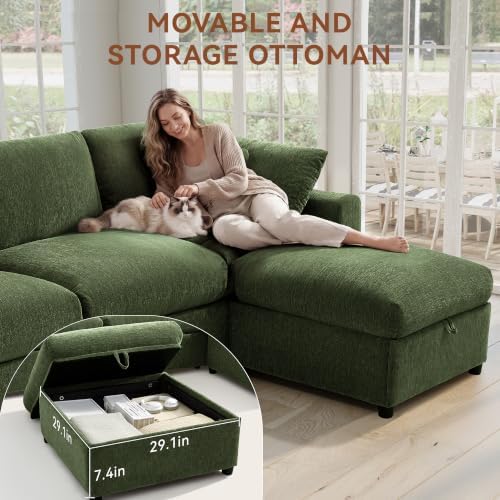 Ihanherry 141" Oversized Cloud Sectional Couches for Living Room, Modular Sectional Sofa with Wide Deep Seat, U Shaped Couch with Throw Pillow and Storage Ottoman, Green