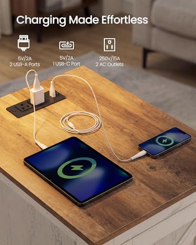 VASAGLE Side Table with Charging Station and Storage Cabinet, Nightstand