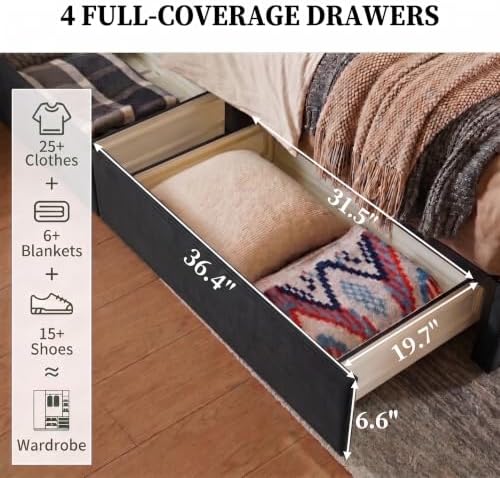 Full Bed Frame with Storage Drawers, Corduroy Bed with Headboard, Black