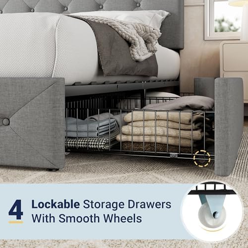 Allewie Full Size Storage Bed Frame with 4 Underbed Drawers, Upholstered Platform Bed with Adjustable Headboard, Diamond Button Tufted, Easy Assembly, Noise-Free, No Box Spring Needed, Light Grey
