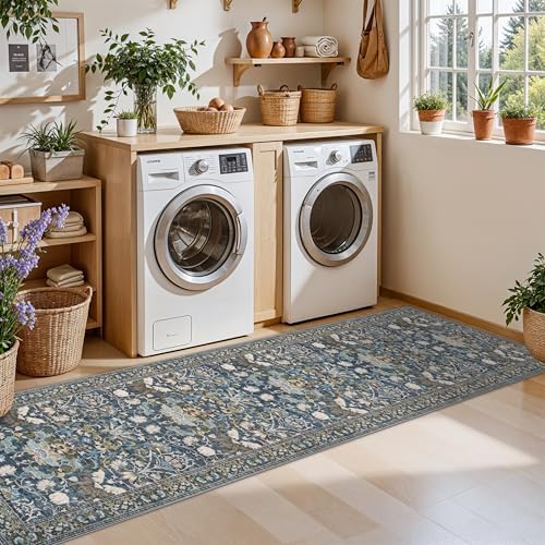 Washable 2x8 Hallway Runner Rug: Vintage Water-Resistant Kitchen Entryway Rug Ultra Soft Living Room Bedroom Carpet Non Slip Indoor Low Pile Floor Mat for Bathroom Dining Room(2x8,Floral/Blue)