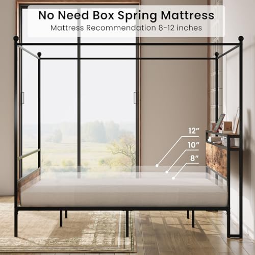 LIKIMIO Canopy Bed Frame King with Storage Headboard & Charging Station, Sturdy Metal Platform Bed with 4 Removable Posts, Dual Purpose Bed Frame, No Box Spring Needed, Noise Free