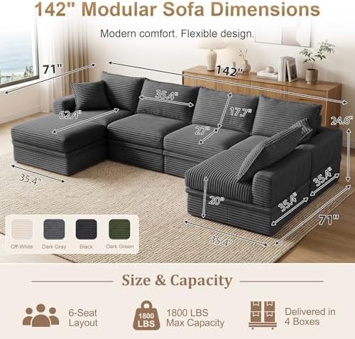 142" Oversized Modular Sectional Cloud Couches for Living Room, Corduroy 6-Seat Large Upgraded Boneless Couch with Ottoman Chaise, Deep Seat, U Shaped Memory Foam Sofa-in-a-Box, No Assembly,Gray