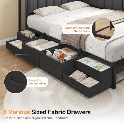 Twin Corner Bed Frame with Storage Shelves, 6 Drawers and Charging Station