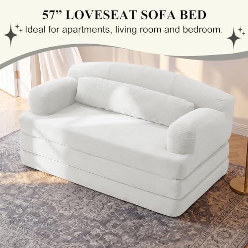 57” Convertible Sleeper Sofa Bed, Boneless Couch, White
