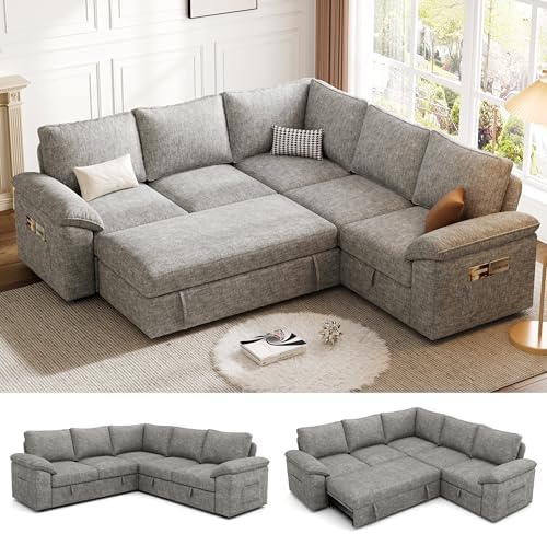 85'' Modular Sectional Sofa with Pull Out Bed, Sleeper Sofa, Light Gray