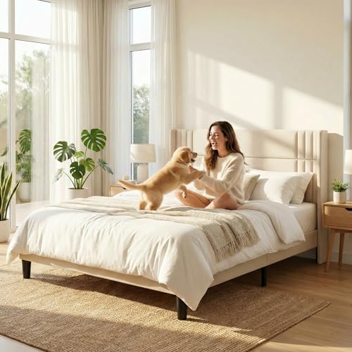Gizoon King Bed Frame with Wingback Headboard, Upholstered Platform Bed