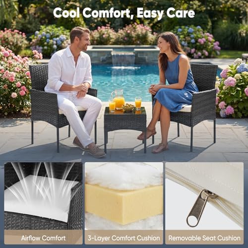 DUMOS Patio Furniture Set 3-Piece, Outdoor Wicker Bistro Set, Black